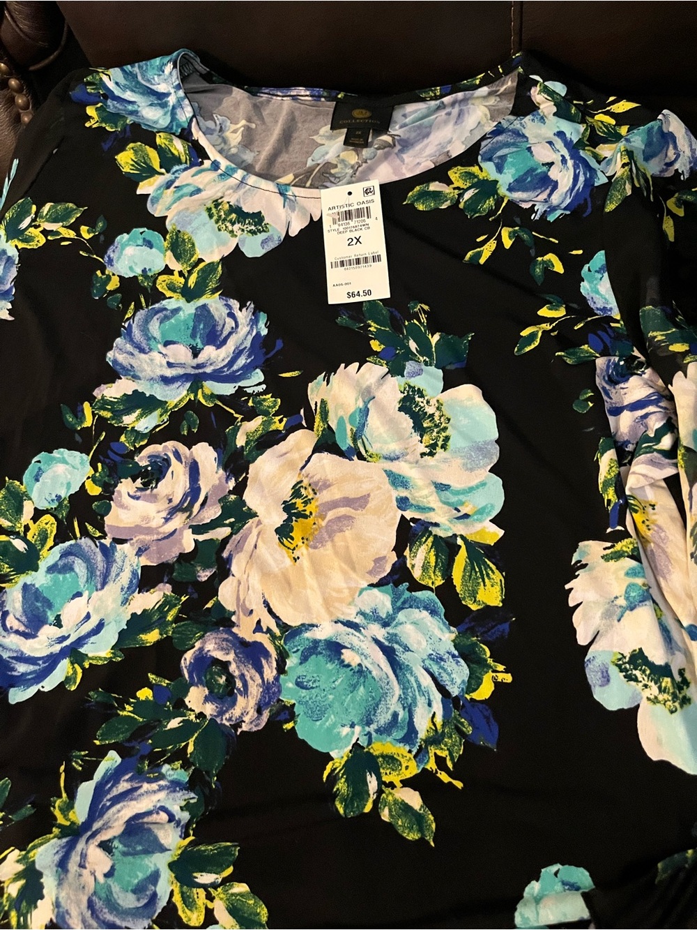 JM Collection Black Floral Scoop Neck Tunic with Blue & White Blooms